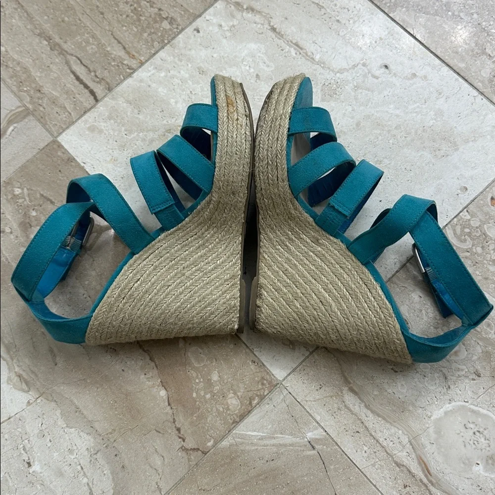 Mossimo Turquoise Suede-like Wedge Sandals with Jute Heels - Picture 4 of 8